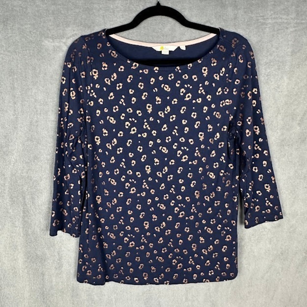 Boden Top Womens 10 Navy Gold Metallic Leopard Stretch Comfort Preppy Tshirt Tee